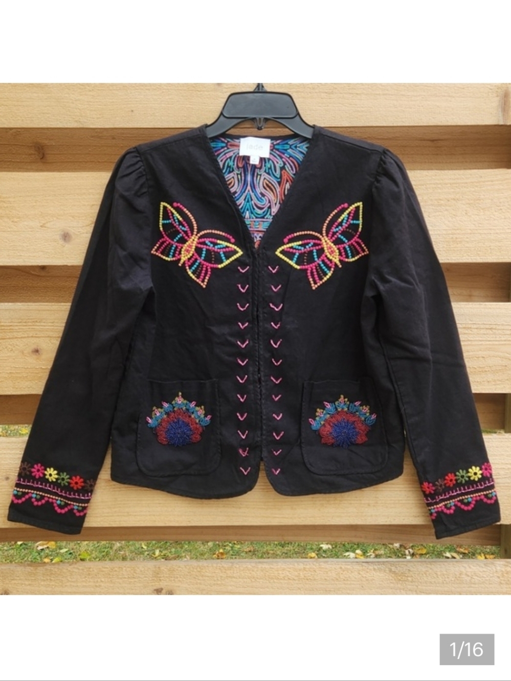 Johnny Was Carmina Bolero Embroidered Butterfly Jacket Black Linen Blend Beads S
